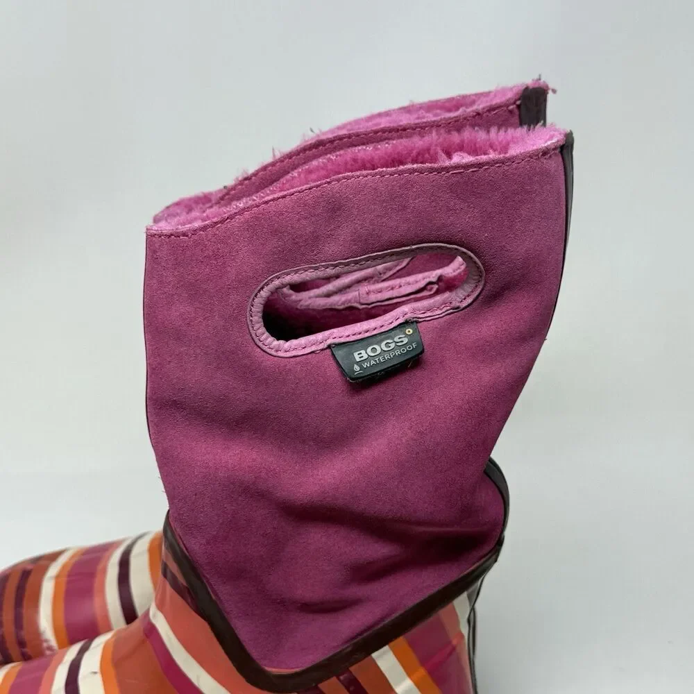 Bogs Prairie Stripe Boots Girls Size 2 Purple Suede Rubber Waterproof Faux Fur